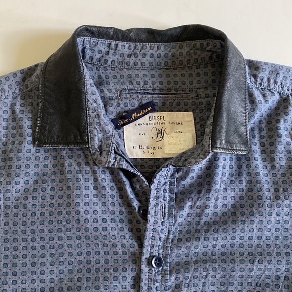 Diesel blue button front shirt with leather collar M - Picture 2 of 4